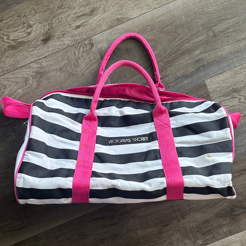 Victoria's Secret Black and White Striped Travel Bag with Pink Accents